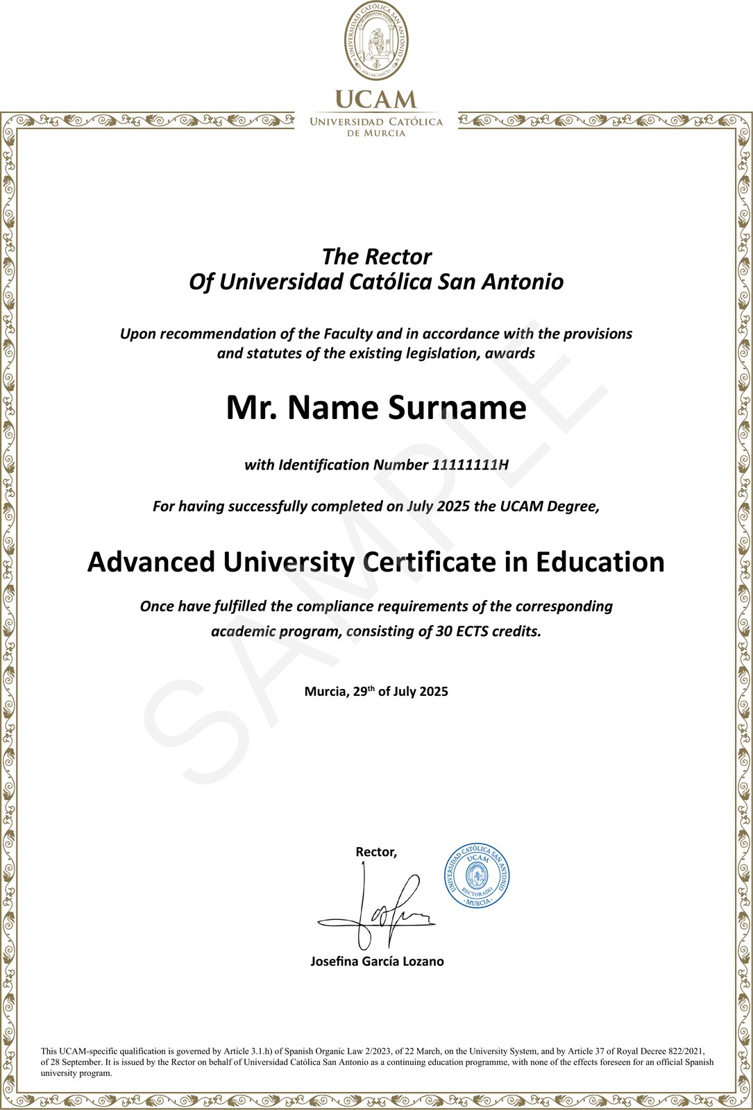 Sample certificate: Advanced University Certificate in Education, awarded by Universidad Católica San Antonio de Murcia (UCAM), Spain