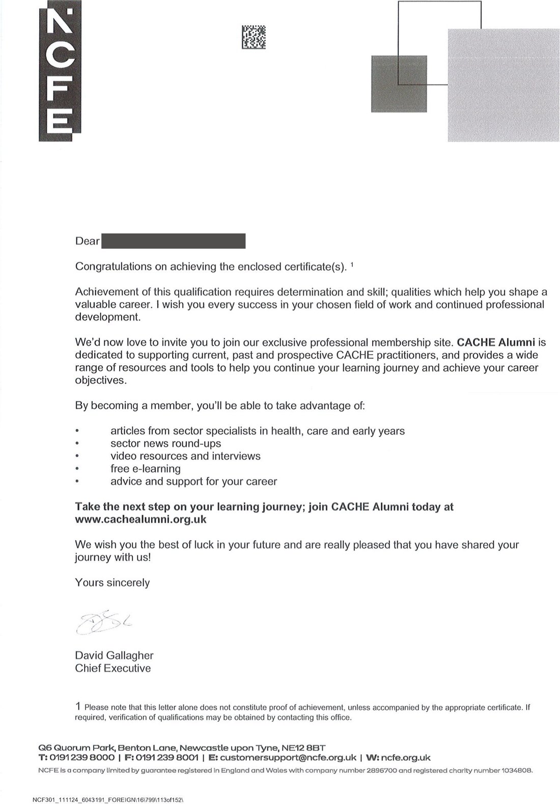 Sample certificate: NCFE CACHE Level 2 Certificate Introducing Caring for Children and Young People
