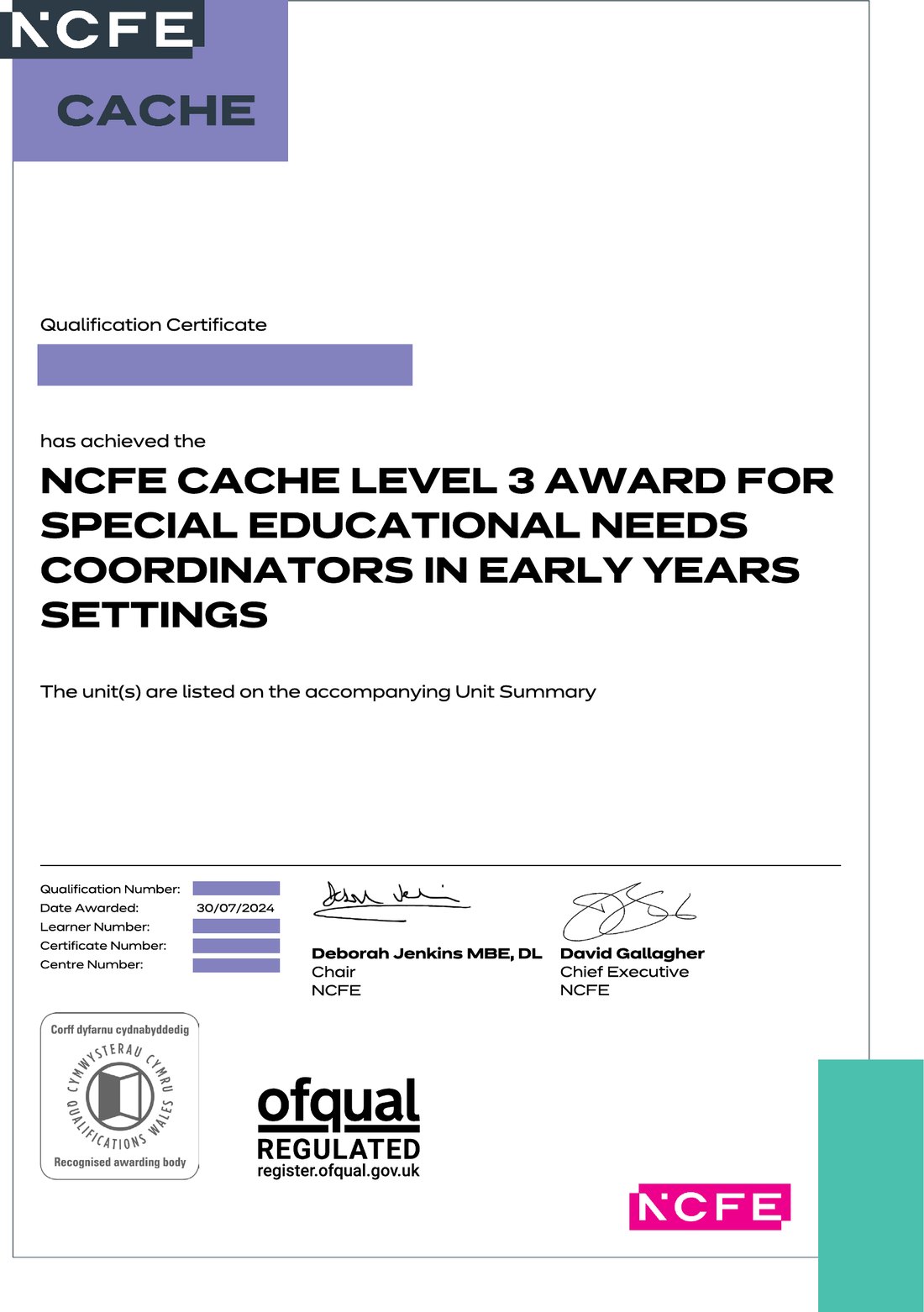 Sample certificate: NCFE CACHE Level 3 (SENCo) Award for Special Educational Needs Coordinators in Early Years Setting
