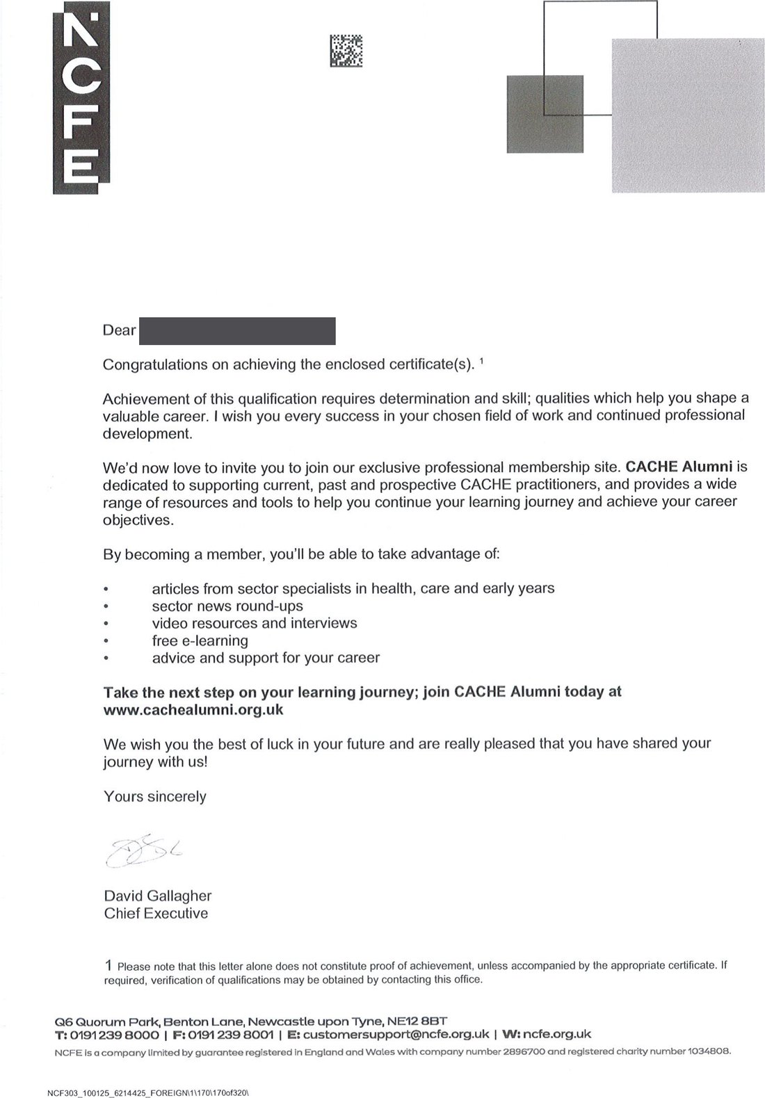 Sample certificate: NCFE CACHE Level 3 Diploma for Working in the Early Years Sector