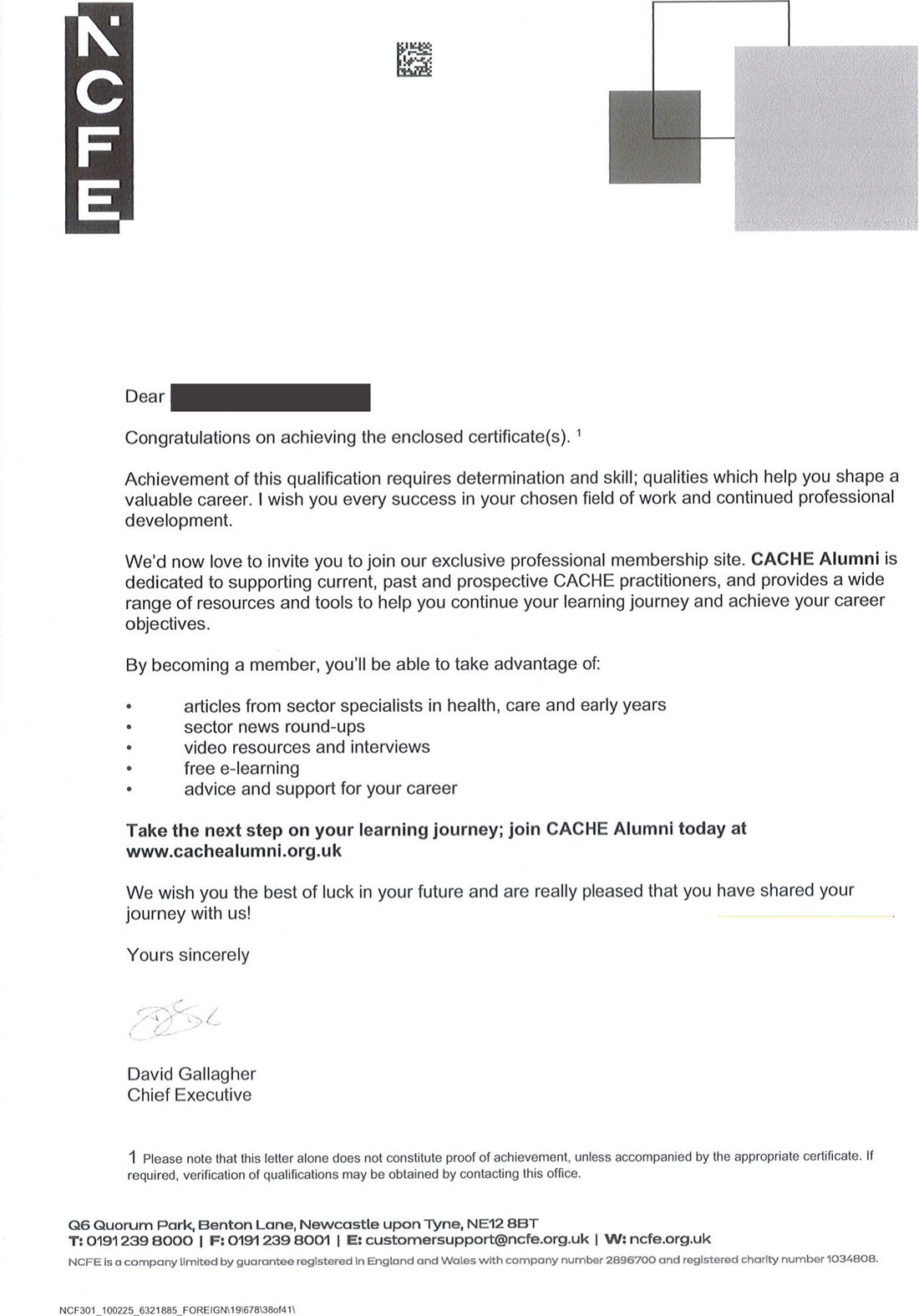 Sample certificate: NCFE CACHE Level 5 Diploma in Leadership for Health and Social Care and Children and Young People’s Services