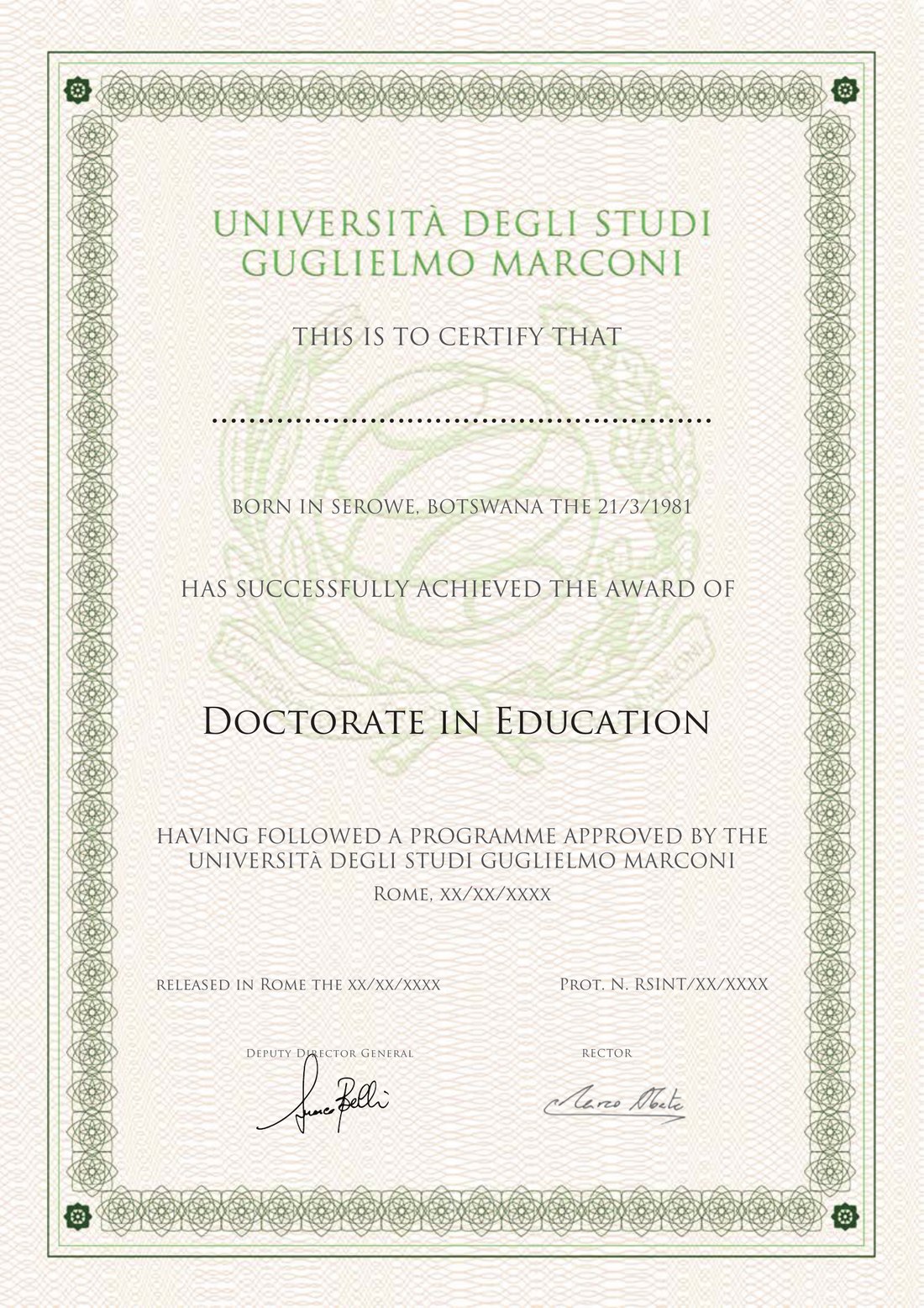 Sample certificate: Doctorate in Education, awarded by Guglielmo Marconi University, Italy