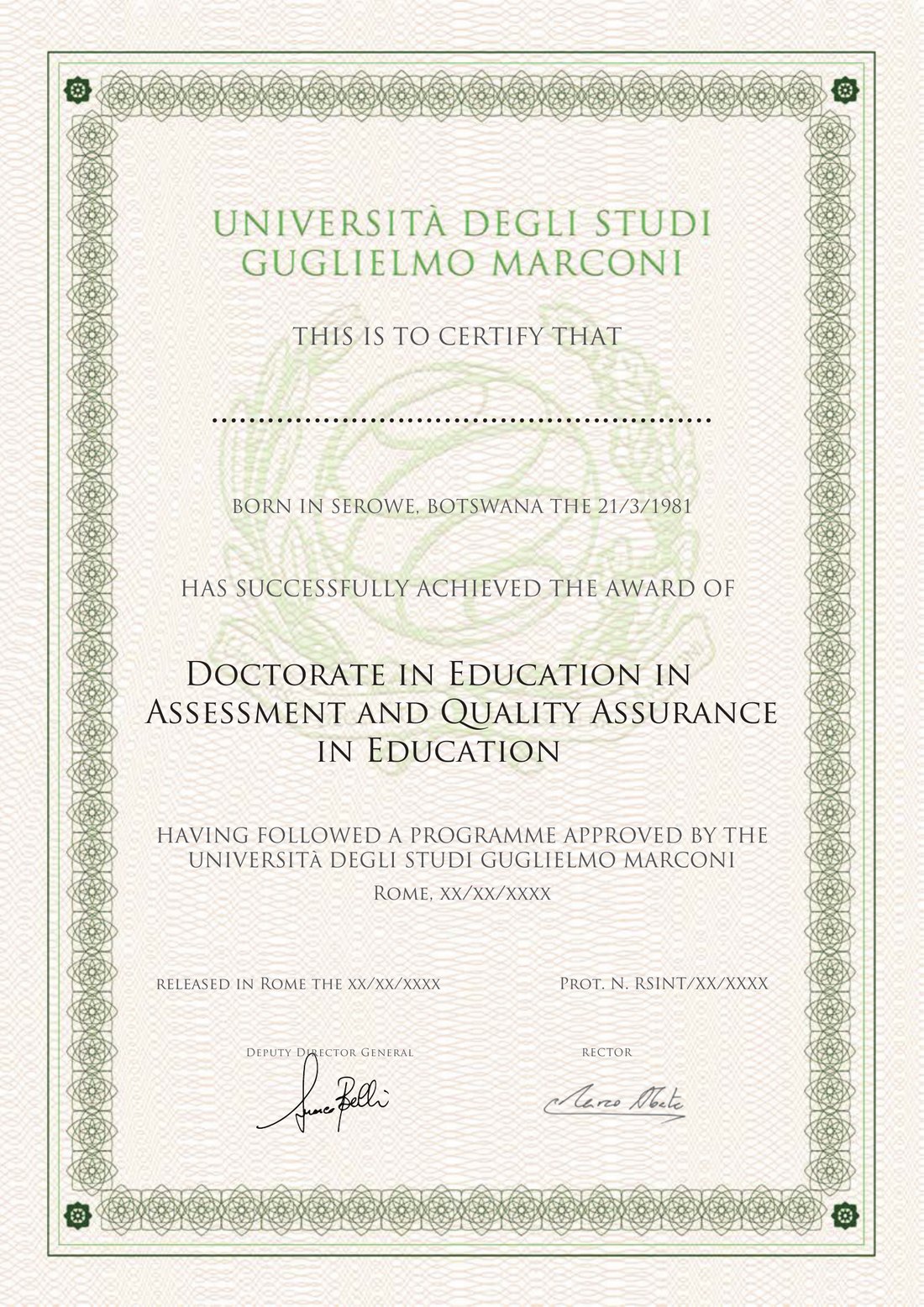 Sample certificate: Doctorate in Education in Assessment & Quality Assurance in Education, awarded by Guglielmo Marconi University, Italy