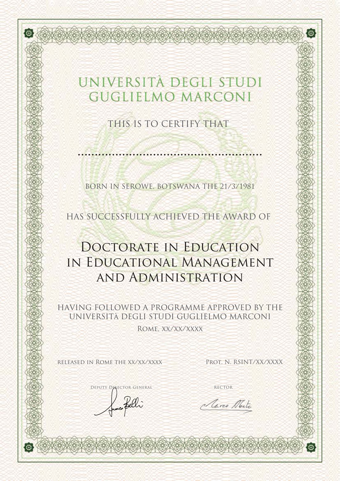 Sample certificate: Doctorate in Education in Educational Management and Administration, awarded by Guglielmo Marconi University, Italy