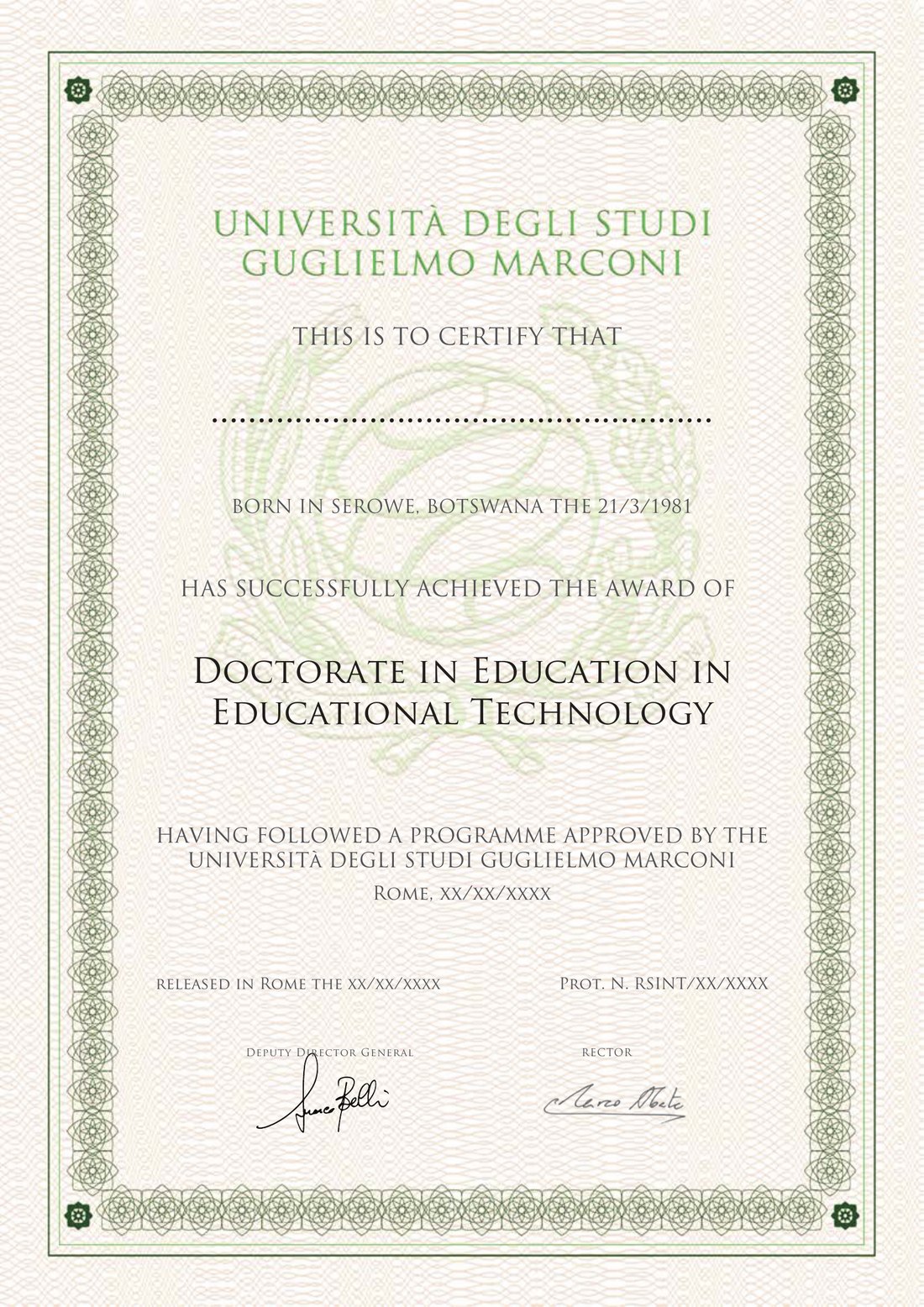 Sample certificate: Doctorate in Education in Educational Technology, awarded by Guglielmo Marconi University, Italy
