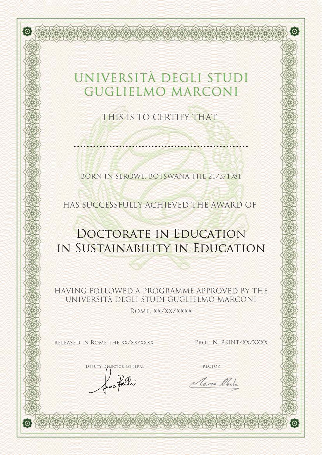 Sample certificate: Doctorate in Education in Sustainability in Education, awarded by Guglielmo Marconi University, Italy