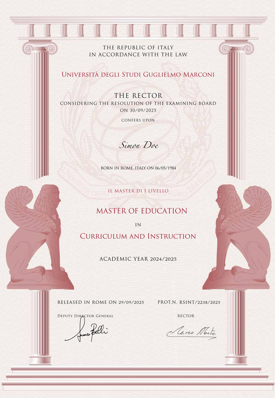 Sample certificate: Master of Education in Curriculum and Instruction, awarded by Guglielmo Marconi University, Italy
