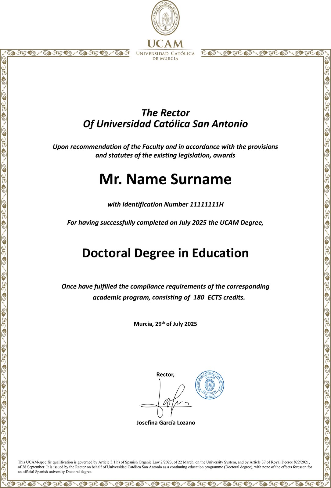 Sample certificate: Integrated Doctoral Degree in Education