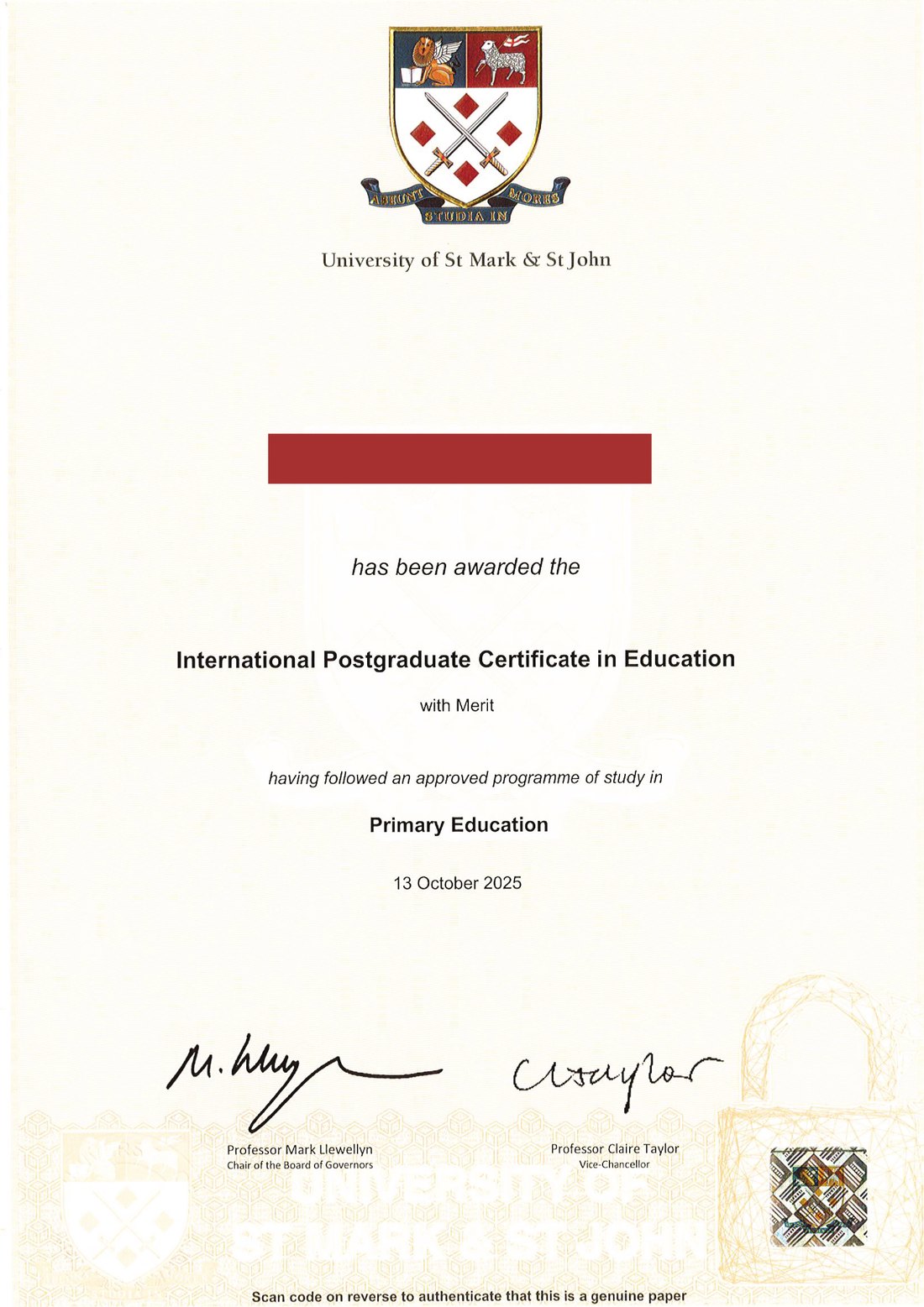 Sample certificate: International Postgraduate Certificate in Education (iPGCE), awarded by Plymouth Marjon University, UK