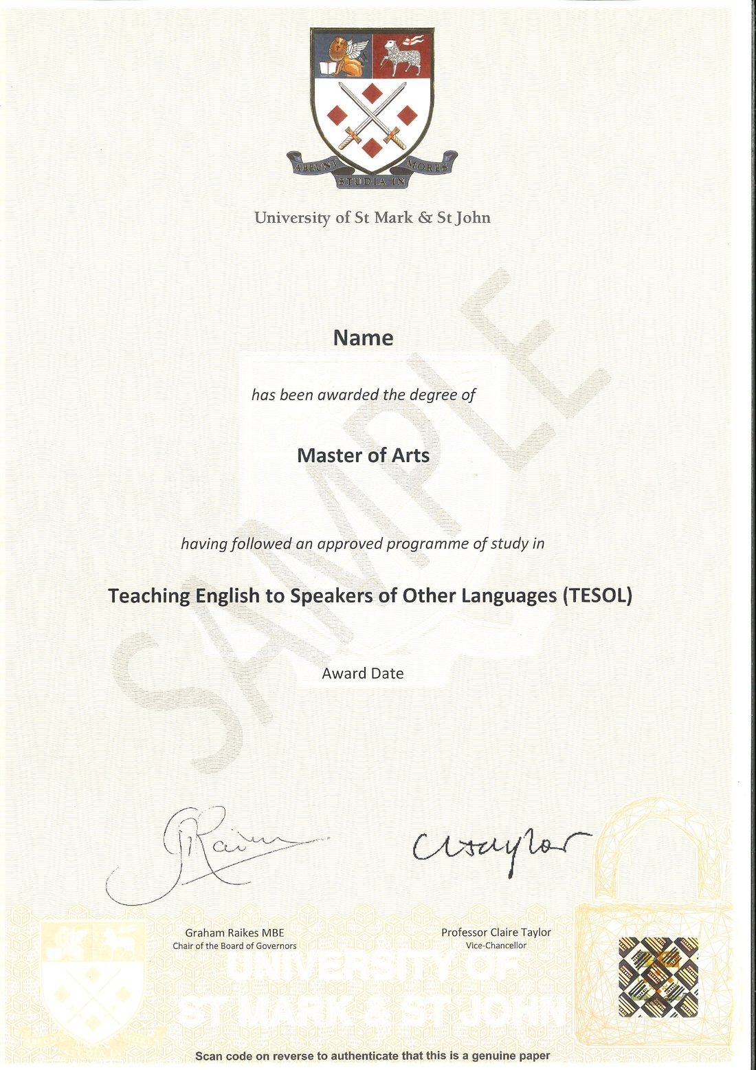 Sample certificate: Master of Arts (TESOL), awarded by Plymouth Marjon University, UK