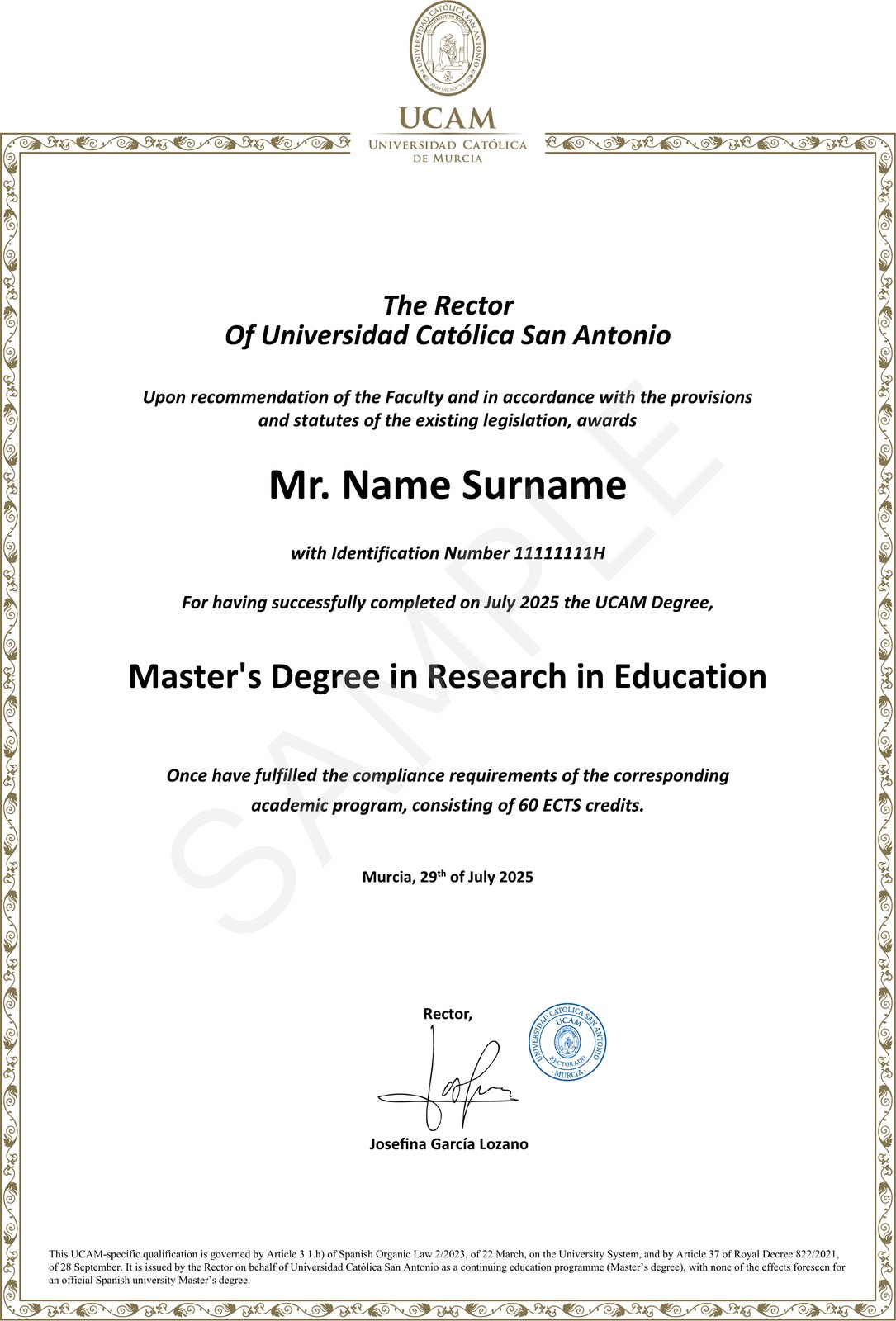Sample certificate: Master's Degree in Education, awarded by Universidad Católica San Antonio de Murcia (UCAM), Spain