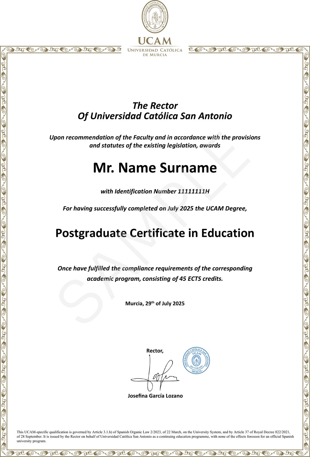 Sample certificate: Postgraduate Certificate in Education, awarded by Universidad Católica San Antonio de Murcia (UCAM), Spain