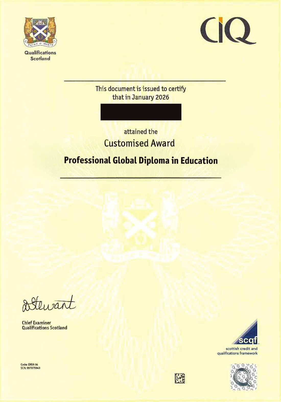 Sample certificate: Professional Global Diploma in Education (PGDE), awarded by Scottish Qualifications Authority (SQA), UK