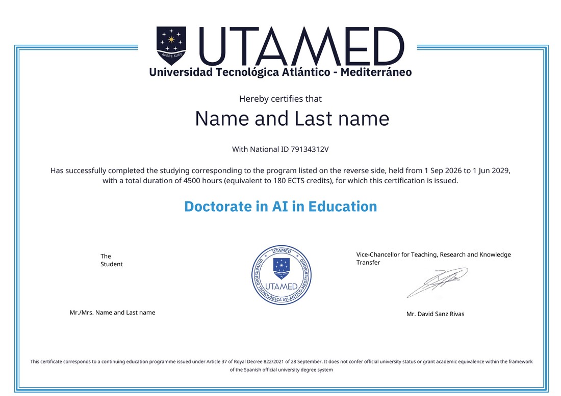 Sample certificate: Doctorate in AI in Education, awarded by Universidad Tecnológica Atlántico Mediterráneo (UTAMED), Spain
