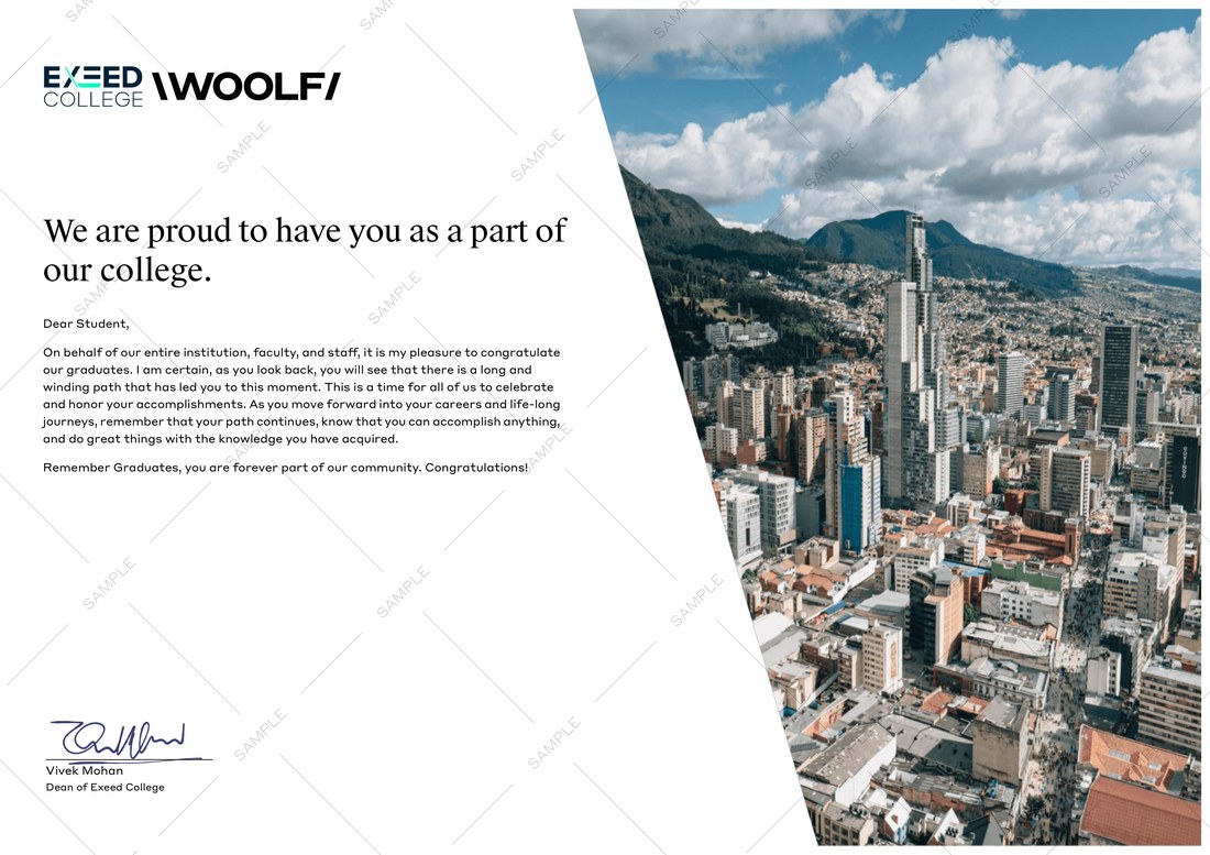 Graduation letter from the Woolf award pack for the Master of Education, signed by the Dean of Exeed College