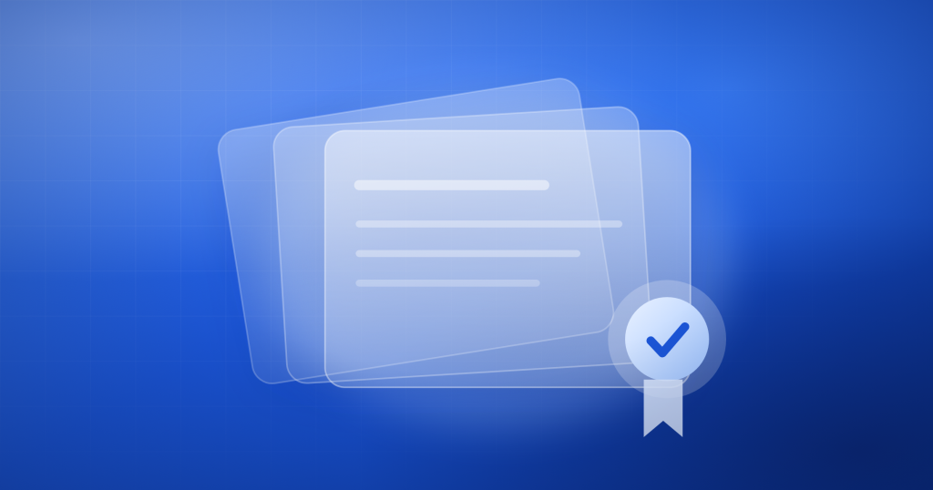 A stack of glass credential cards with a verified seal and ribbon, on a Taito blue field
