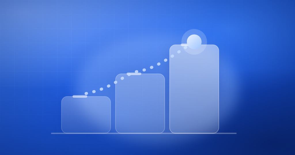 Three ascending glass steps with a route climbing to the highest, on a Taito blue field