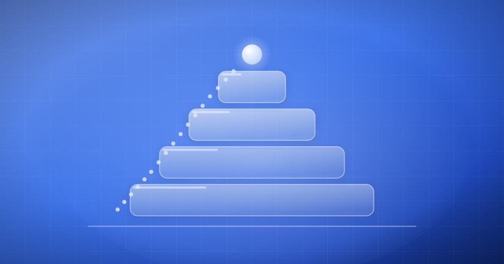 Frosted glass layers stacked into a stepped structure with a guiding dotted line to the top
