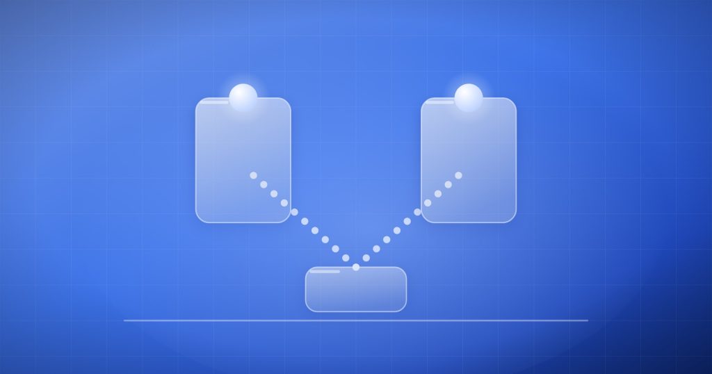 A single glass base with two dotted routes rising to two equal glass pillars, each topped with a glowing orb