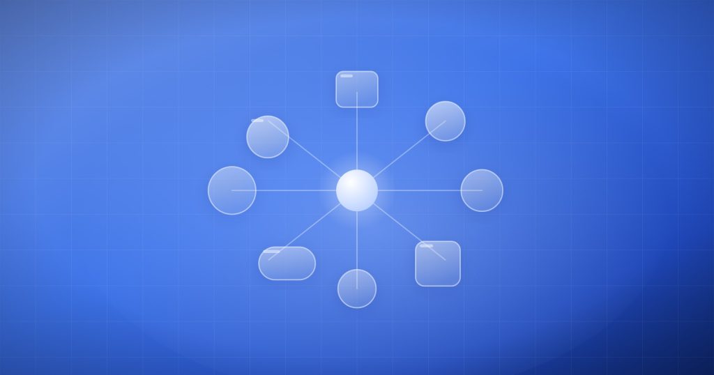 Eight different frosted glass shapes arranged in a ring, each connected to a glowing centre