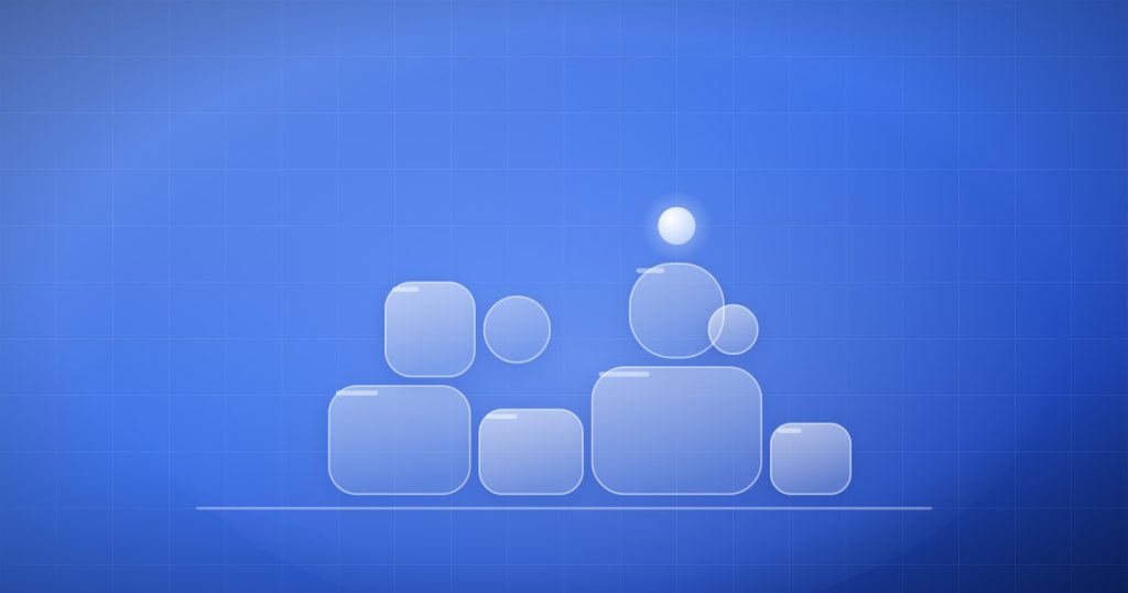 Soft frosted glass blocks of different shapes and sizes stacked together, with a glowing orb above