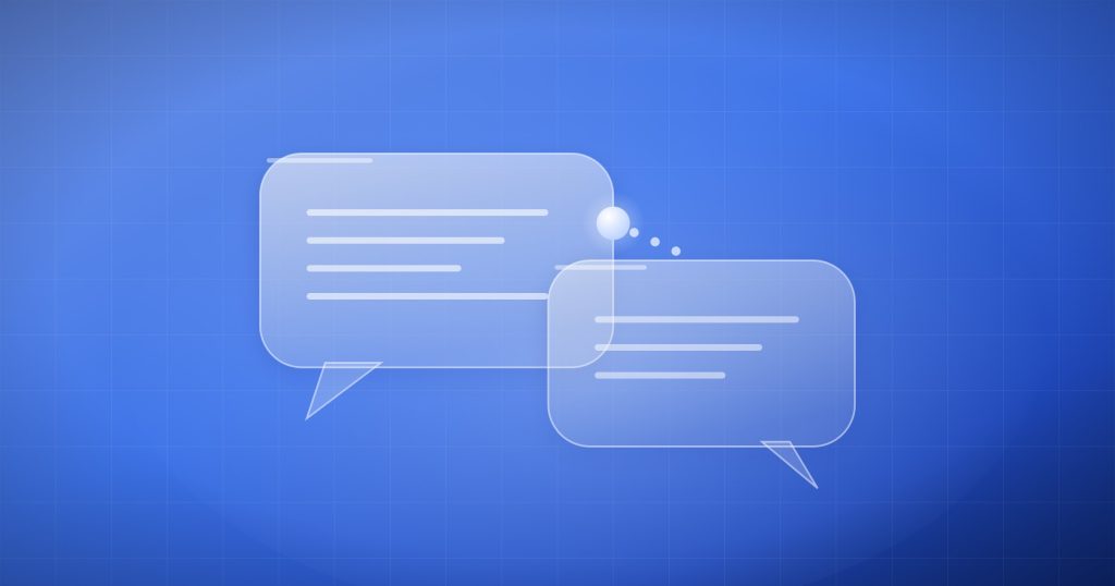 Two overlapping frosted glass speech bubbles with lines of text, linked by a dotted path